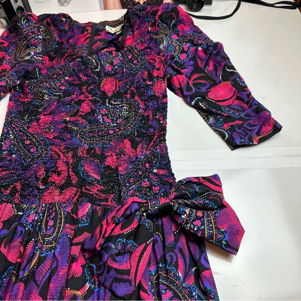 Vintage 1990s Paisley Drop Waist Midi Dress Purple Pink Bow Detail Boho - Picture 5 of 12
